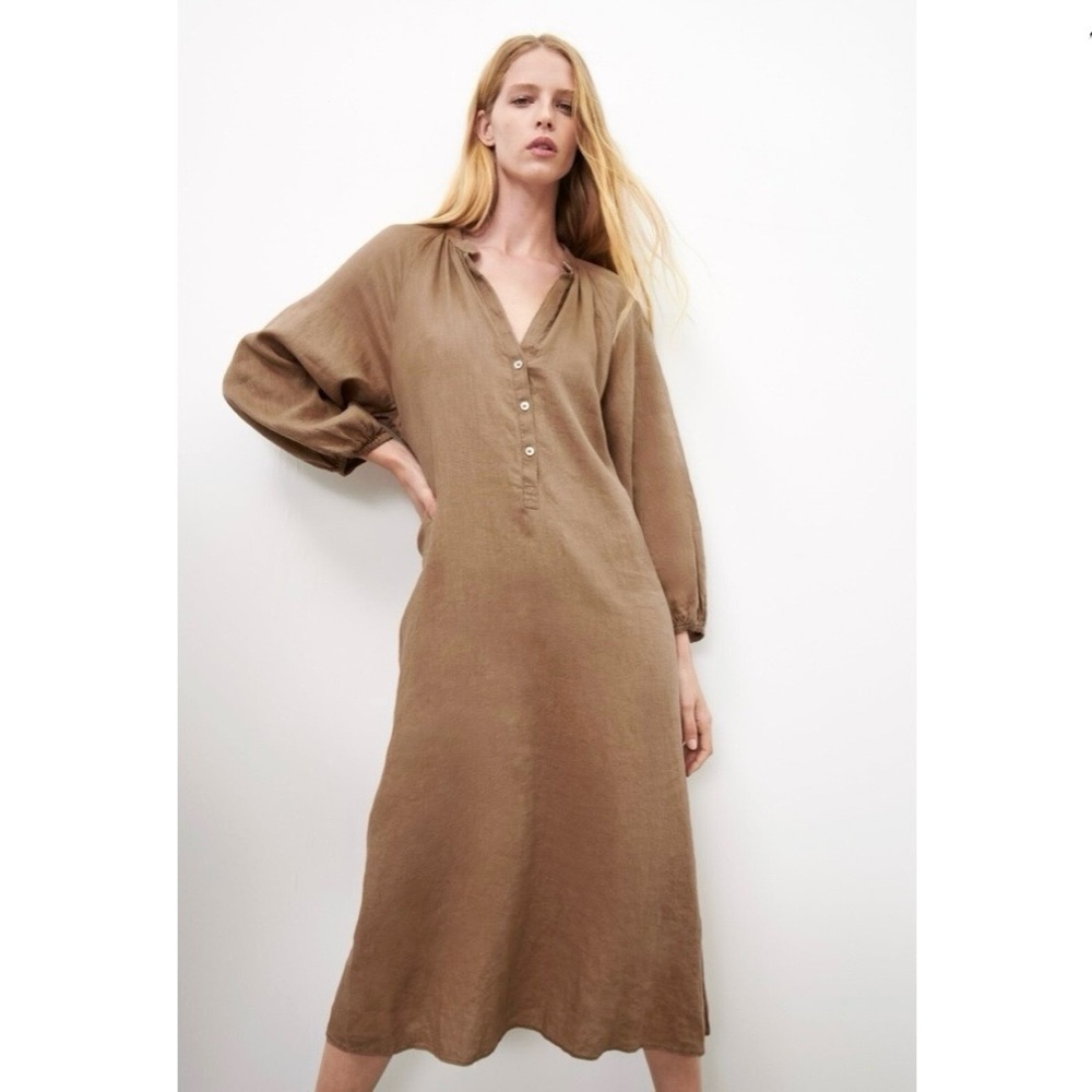 Zara Women’s 100% Linen Tan Camel Long Kaftan Tunic, Size Small